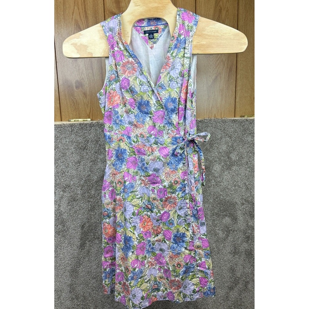 Tommy Hilfiger Sz Medium Purple Floral Print Wildflower Wrap Midi Dress V-Neck